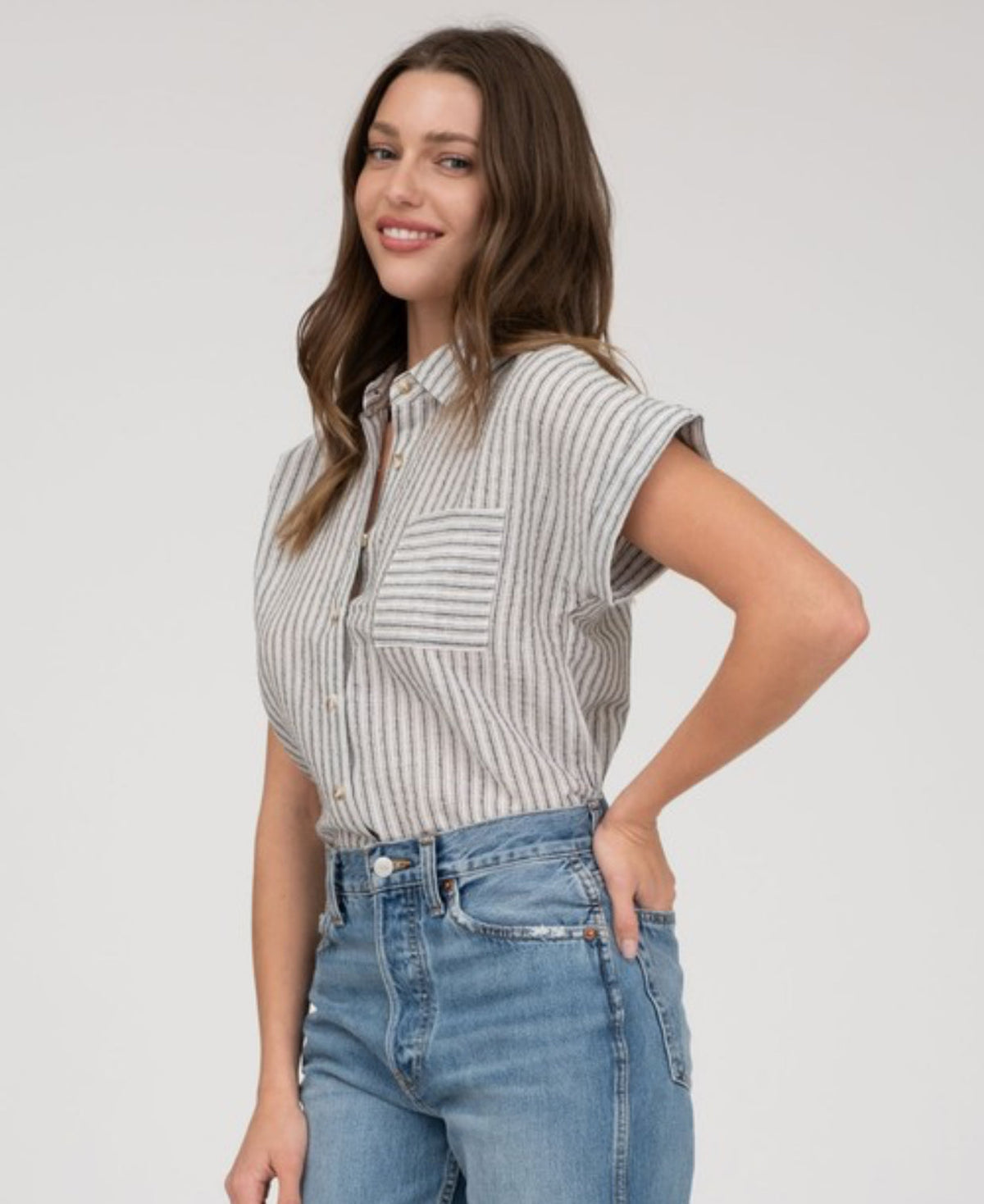 Stripe Collared Linen Blend Button Down Black