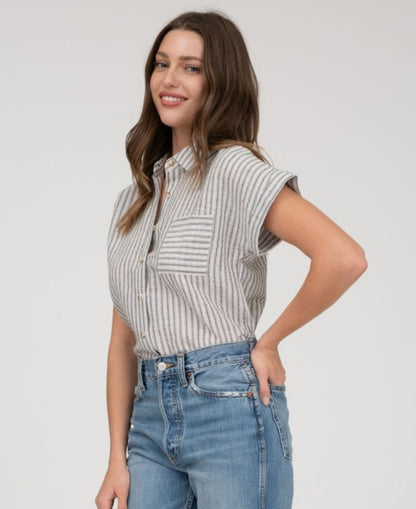 Stripe Collared Linen Blend Button Down Black