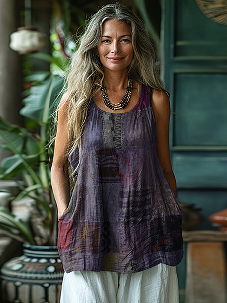 Women's Loose Patchwork Linen Sleeveless Tank Top