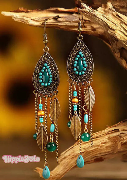 Vintage Leaf Bead Tassel Water-Drop Shaped Earrings