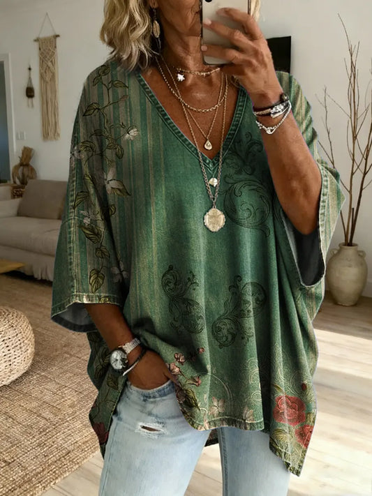 Ethnicity Retro Flowers Geometry Women's Art Print Casual Washed Cotton Denim Top