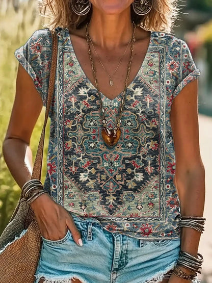 Vintage Kaleidoscope Tie Dye Print 100%Cotton V-neck T-Shirt