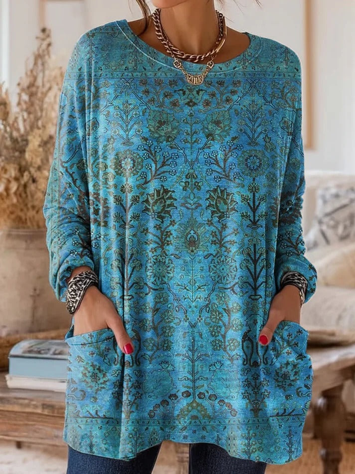 Women's Vintage Ethnic Blue Floral Totem Art Print Pocket Cotton V-Neck Long-Sleeve Dress