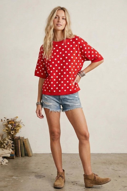 Polka Dot Short Sleeve Sweater Top Red