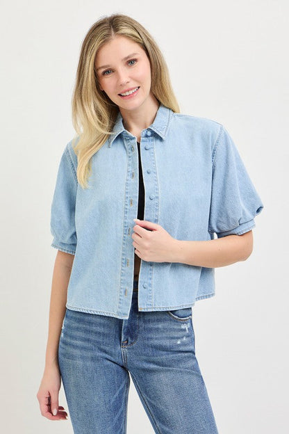 RISEN Denim Puff Sleeve Button Down Shirt