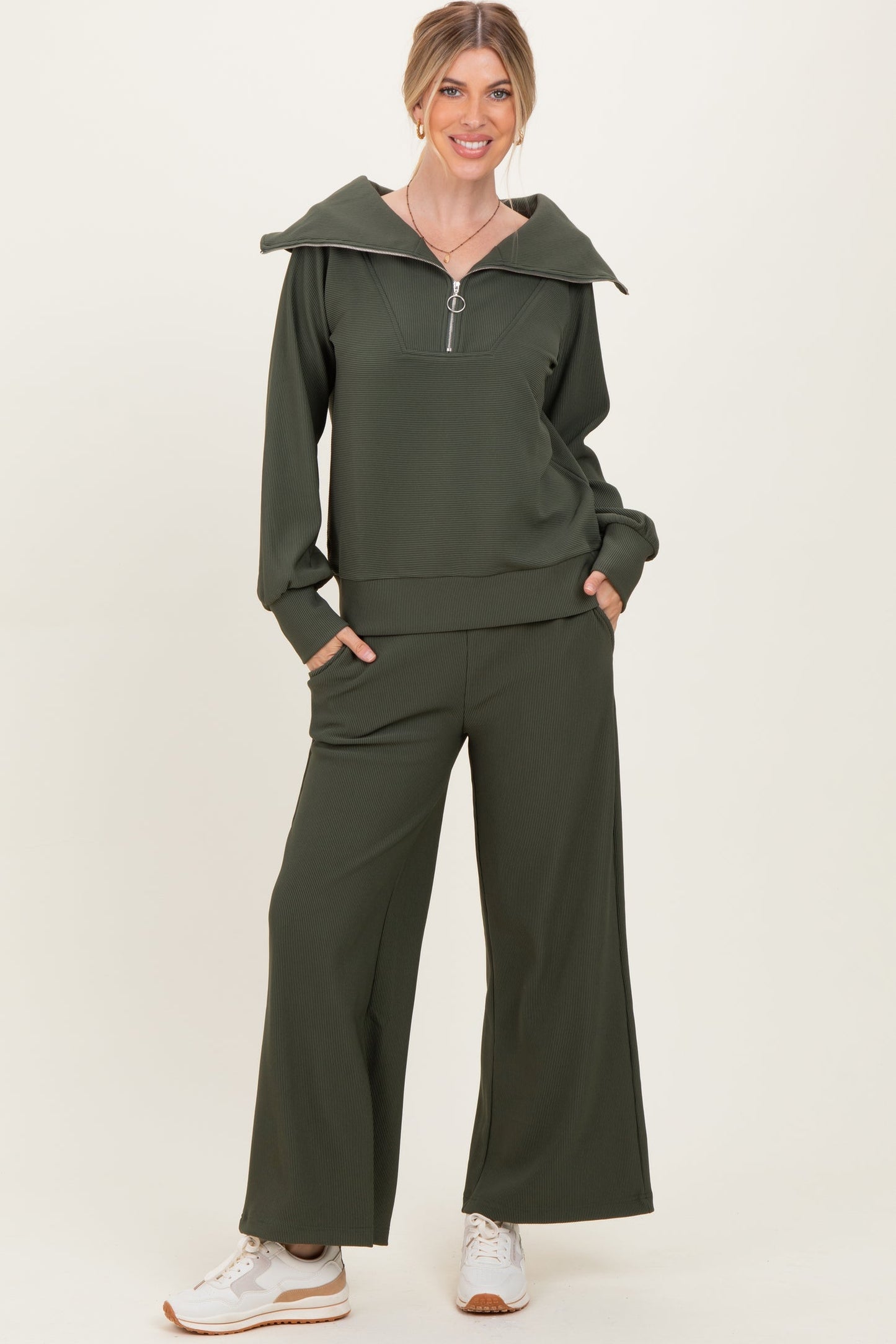Stay Cozy Ribbed Pullover & Pant SET Dark Green