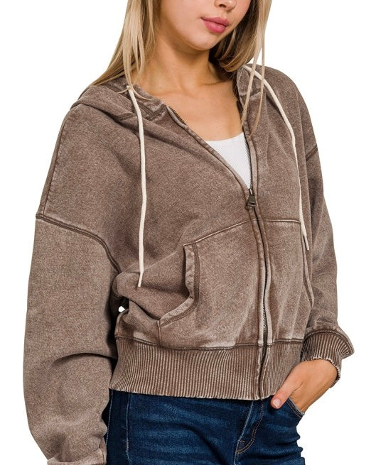 Acid Wash Zip Up Hooded Sweatshirt Mocha