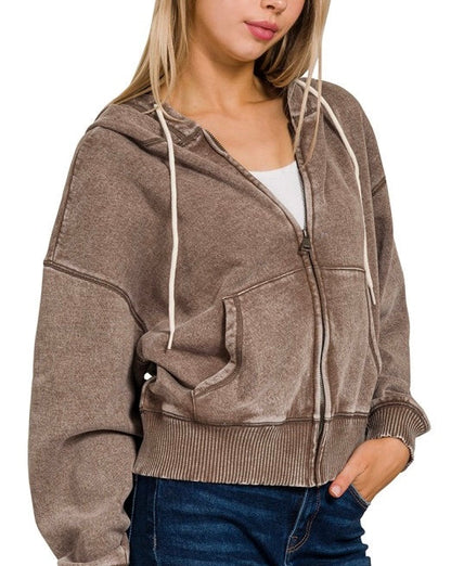 Acid Wash Zip Up Hooded Sweatshirt Mocha