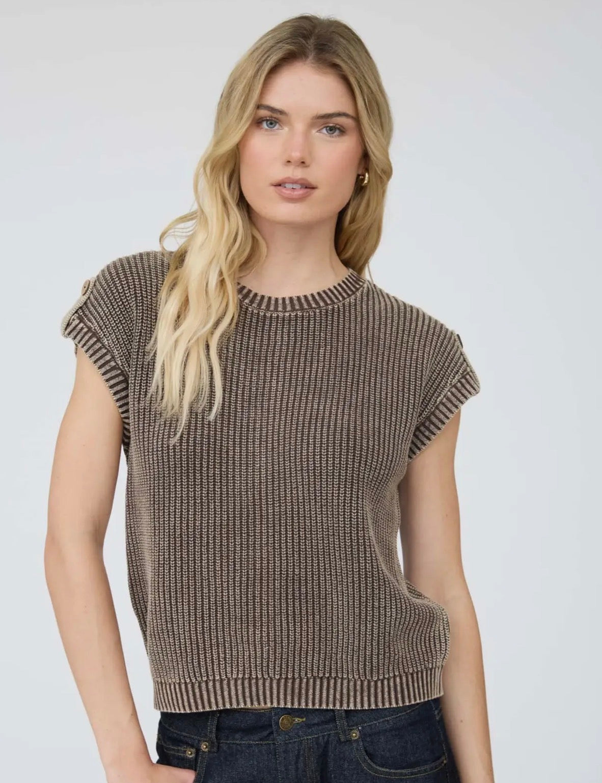 Mineral Washed Button Sweater Top Mocha