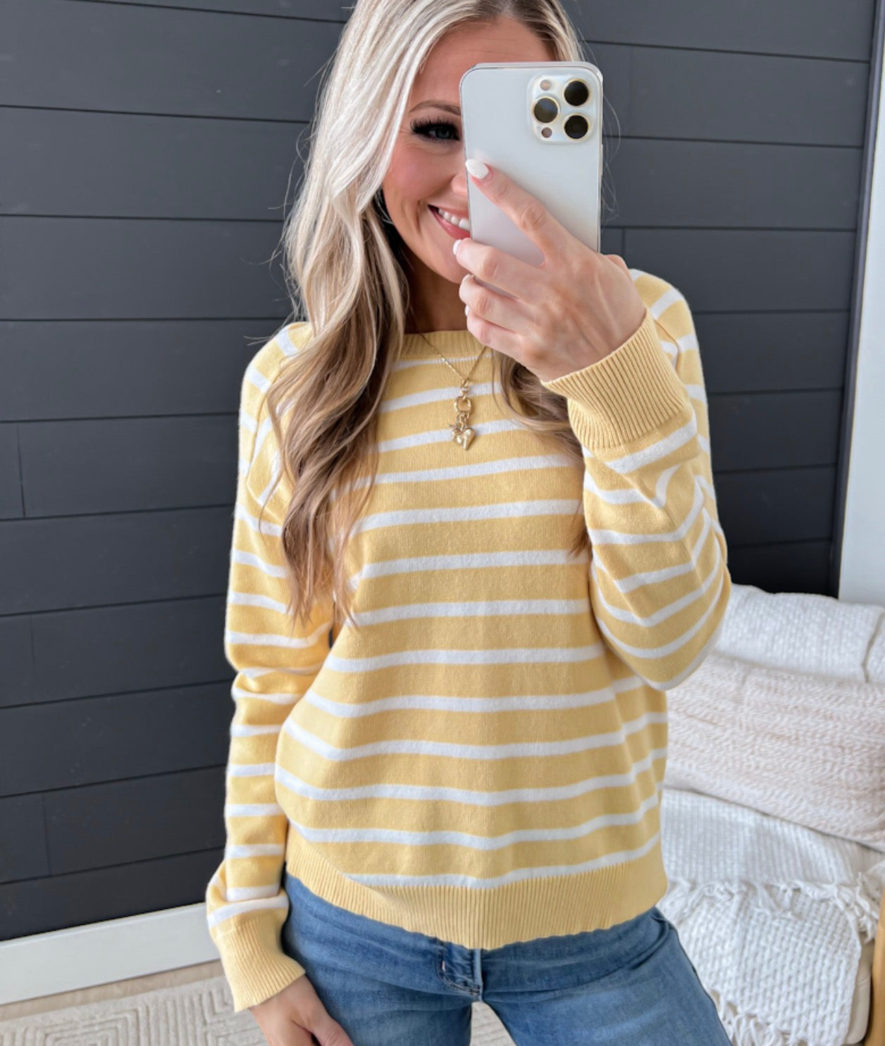 Stripe Crew Neck Sweater Top Yellow