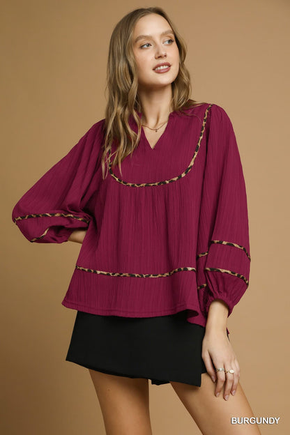 UMGEE Dark Red Leopard Trim Top