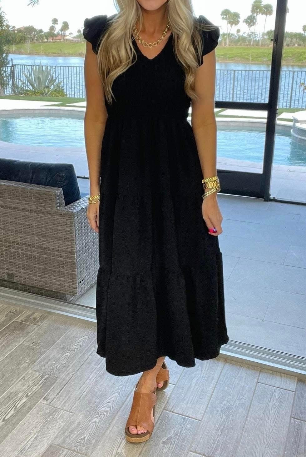 Solid Flutter Sleeve Midi Dress Black