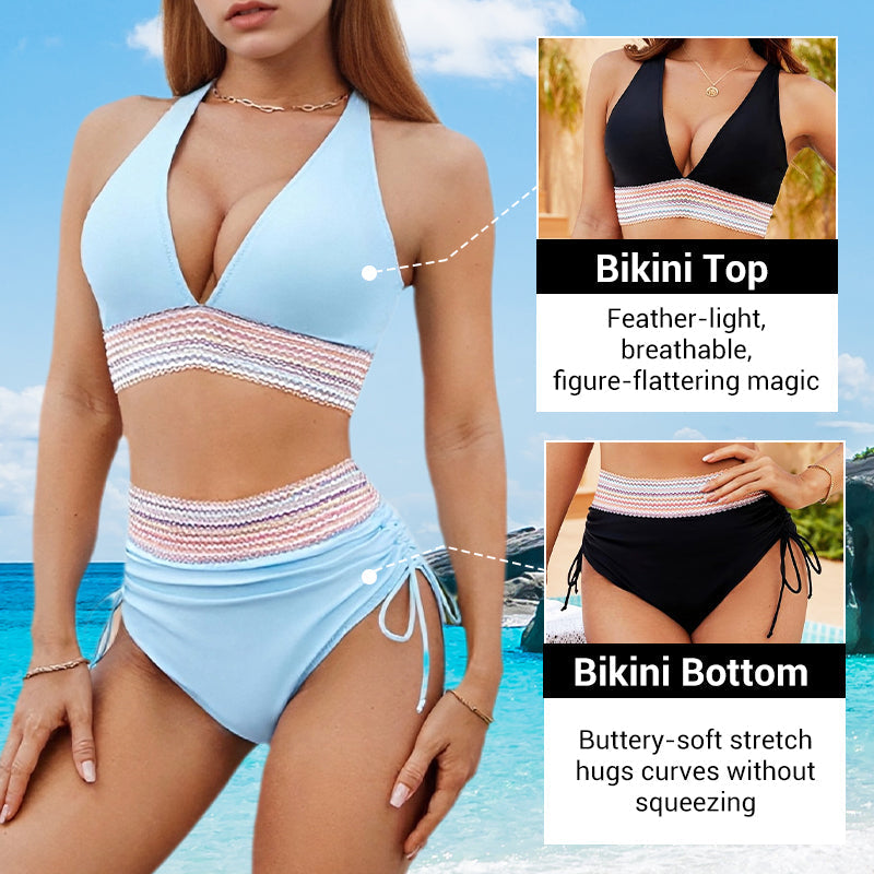 🔥 Hot Sale! High Waisted Tummy Control Bikini Set 🌴 Color Block Summer Swimwear ✨ Flattering & Trendy