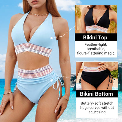 🔥 Hot Sale! High Waisted Tummy Control Bikini Set 🌴 Color Block Summer Swimwear ✨ Flattering & Trendy