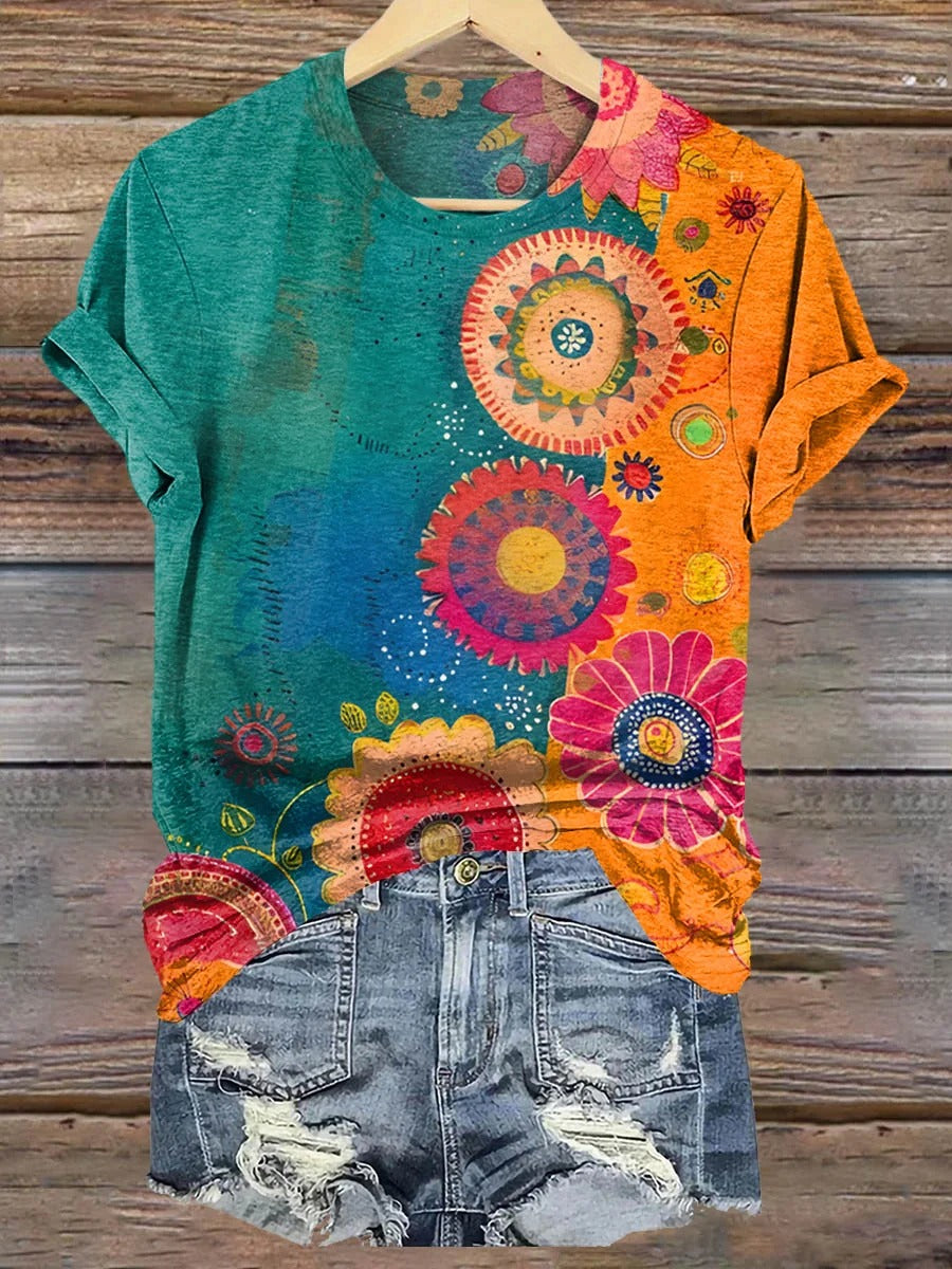 Women's Art Painting Hippie Print V-Neck T-Shirt