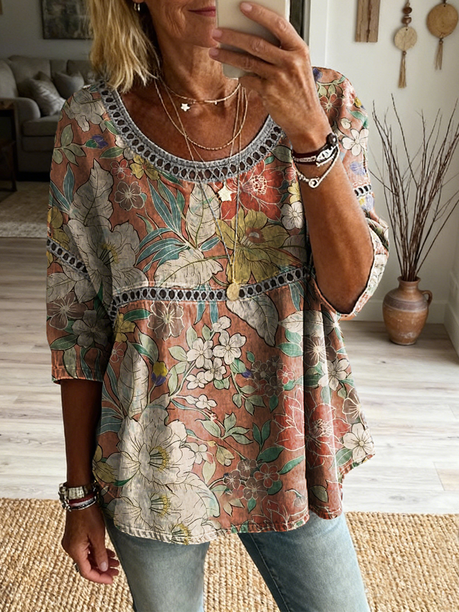Women's Retro Floral Art Print Casual Round Neck Cotton Linen Shirt