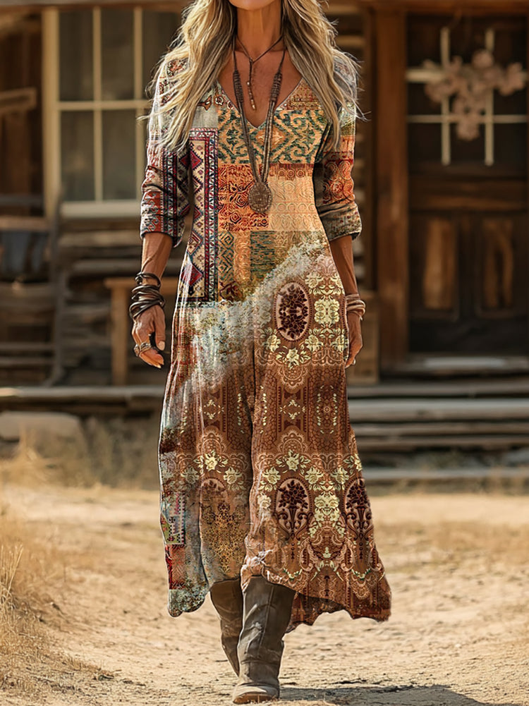 Women's Vintage Bohemian Art Print Casual Long-Sleeve V-Neck Cotton Dress