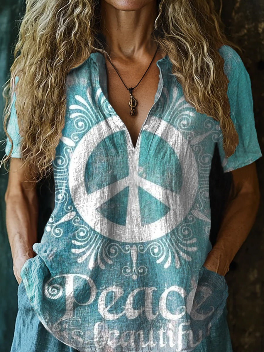 Women's Hippie Peace Is Beautiful Print Short Sleeve Pocket Cotton Linen Dress