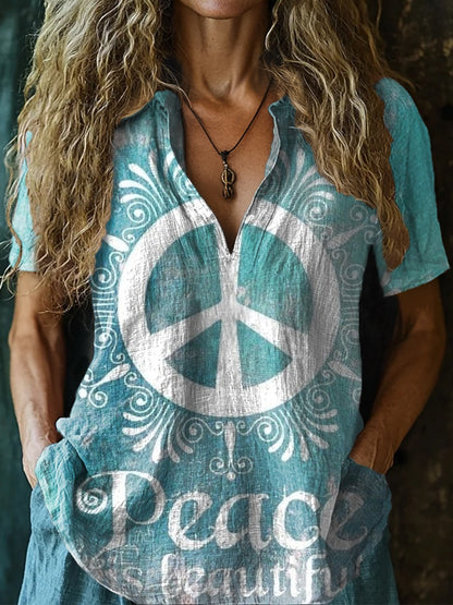 Women's Hippie Peace Is Beautiful Print Short Sleeve Pocket Cotton Linen Dress