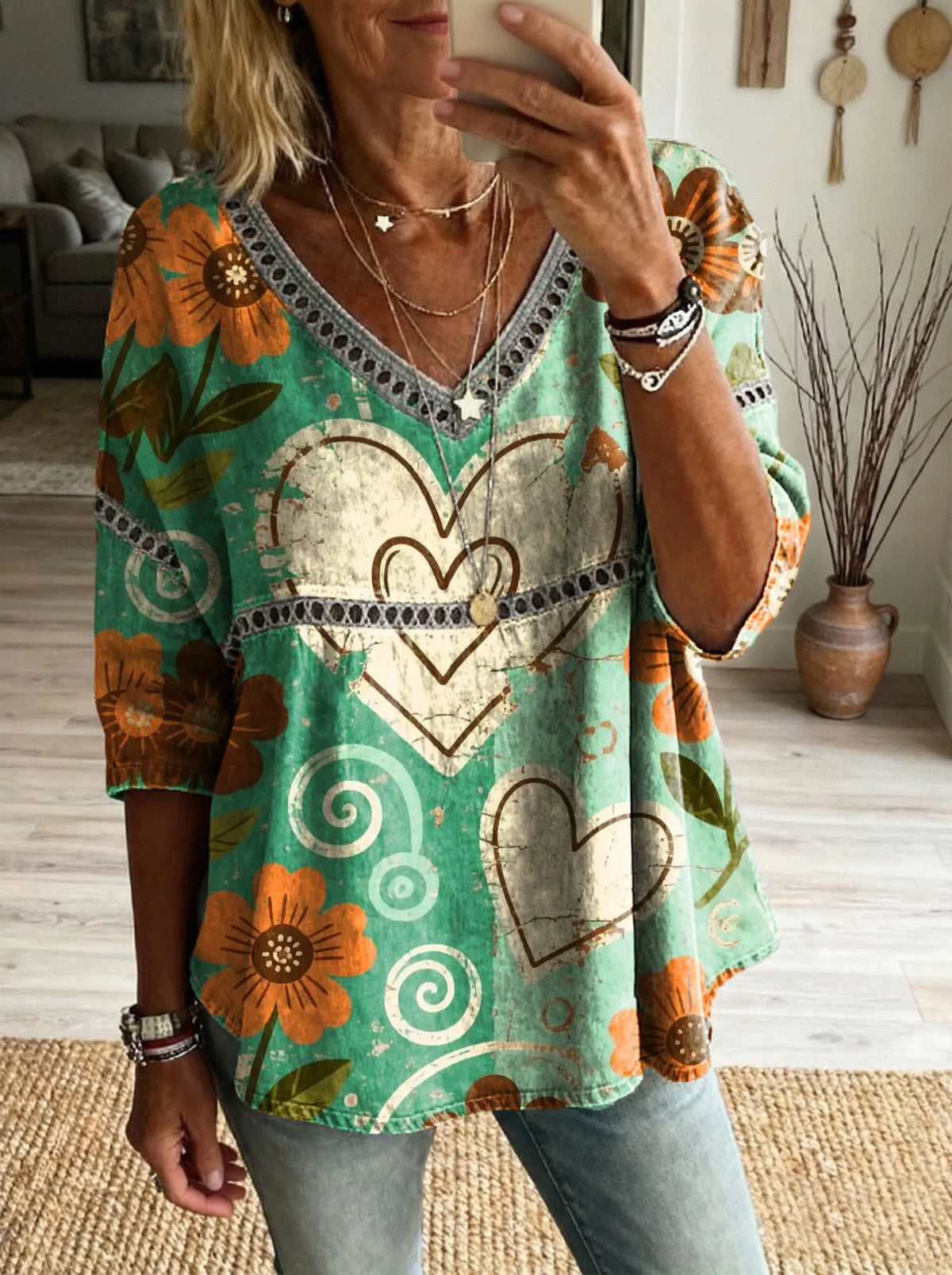 Women's Floral Heart Art Print Casual V-neck Tie-front Top