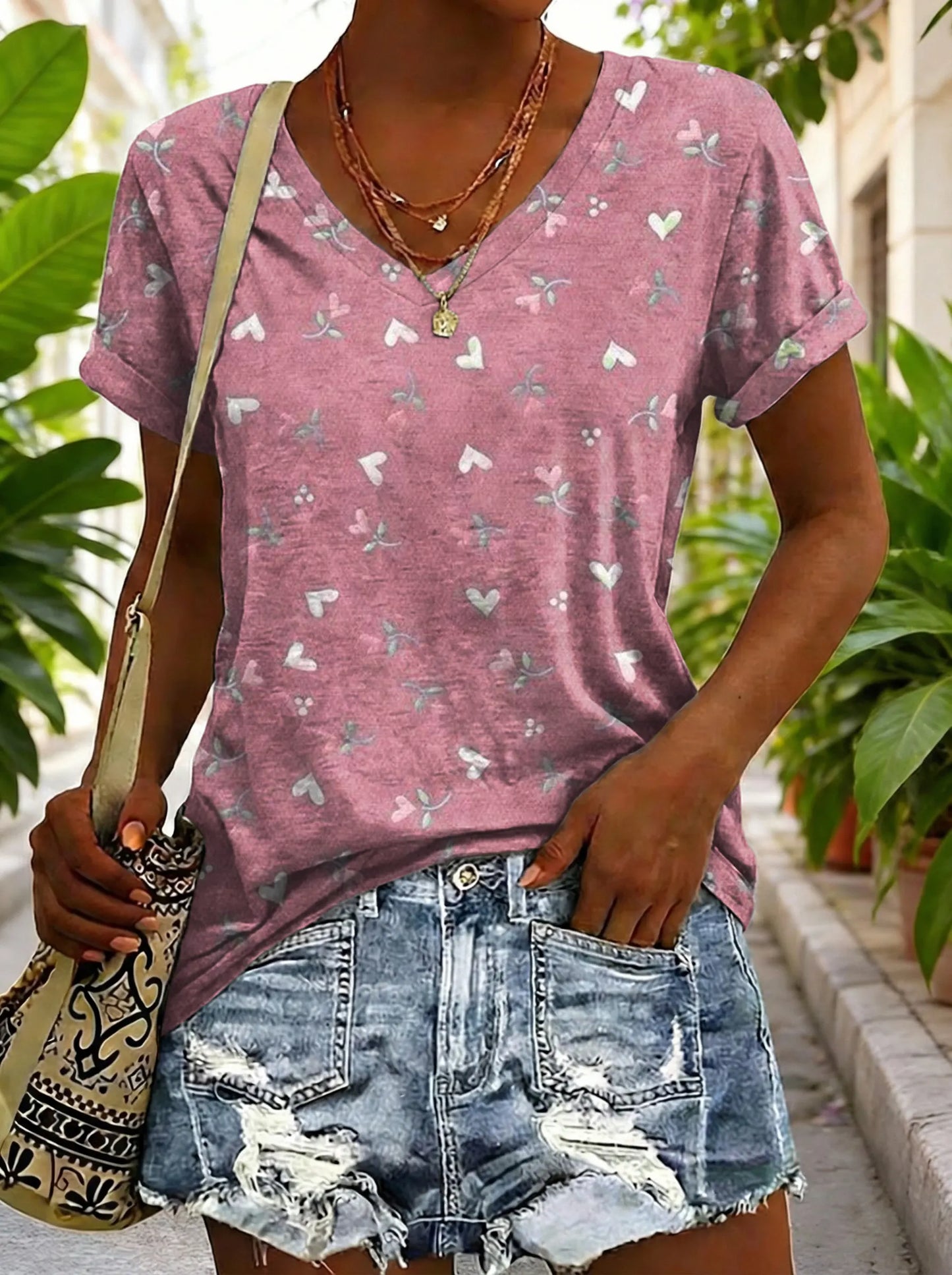 Ethnicity Love Flowers Women's V-neck Print Casual T-shirt