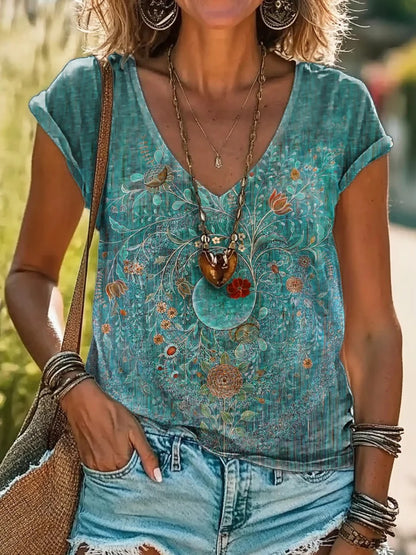 Women's Vintage Floral Art Print Casual Cotton Linen Shirt