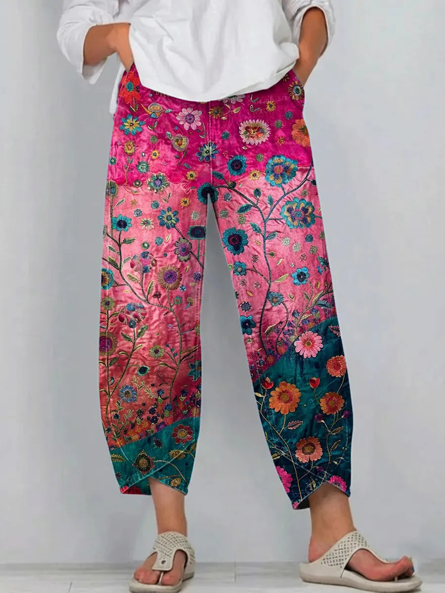 Women's Vintage Floral Art Print Jeans-1