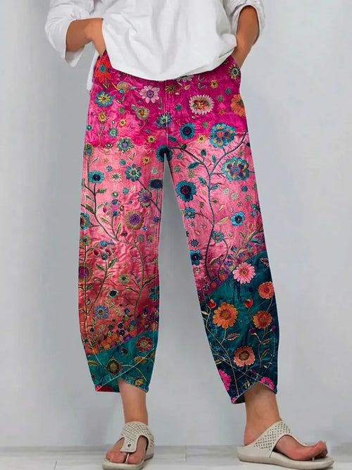 Women's Vintage Floral Art Print Jeans-1