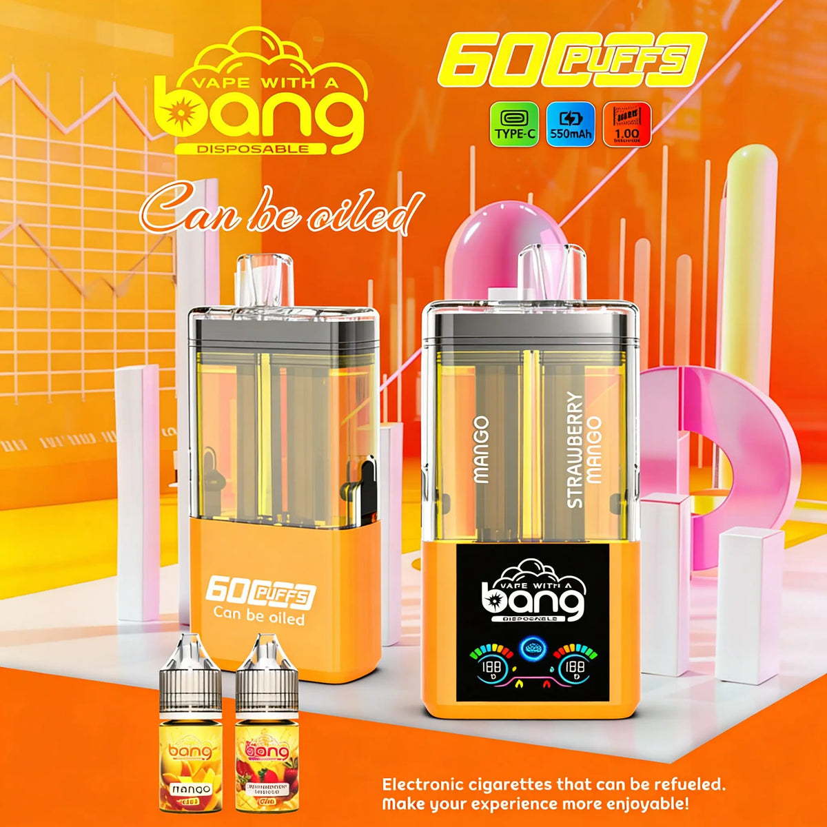 Bang 60K 60000 Puffs Dual Flavors Rechargeable Original Refillable Oil Vape