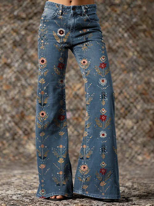 Women's Vintage Ethnic Floral Print Artistic Washed Denim Jeans