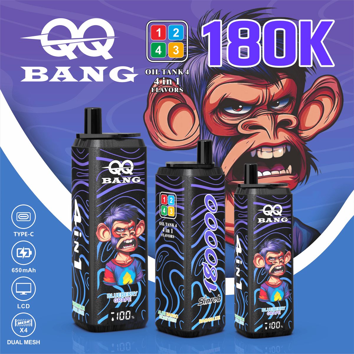 QQ Bang 180000 180K Puffs 4 In 1 Flavors LCD Display Rechargeable Disposable Vape