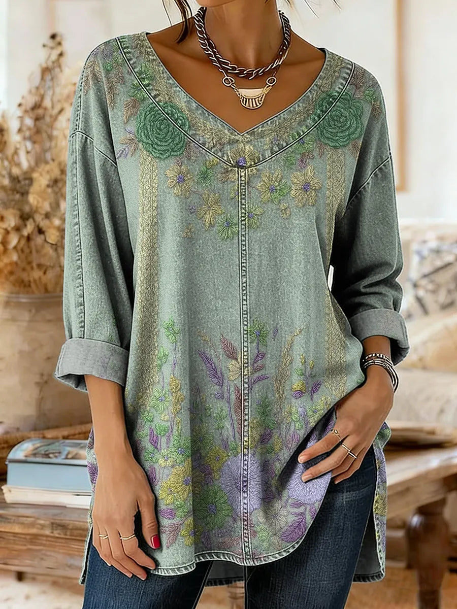 Retro Ethnic Floral Pattern Art Print Casual Washed Denim Cotton Top