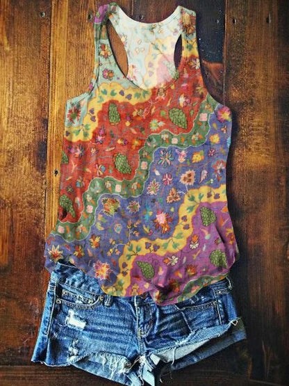 Women's Boho Floral Wave Collage Art Printed Cotton And Linen Casual Pants