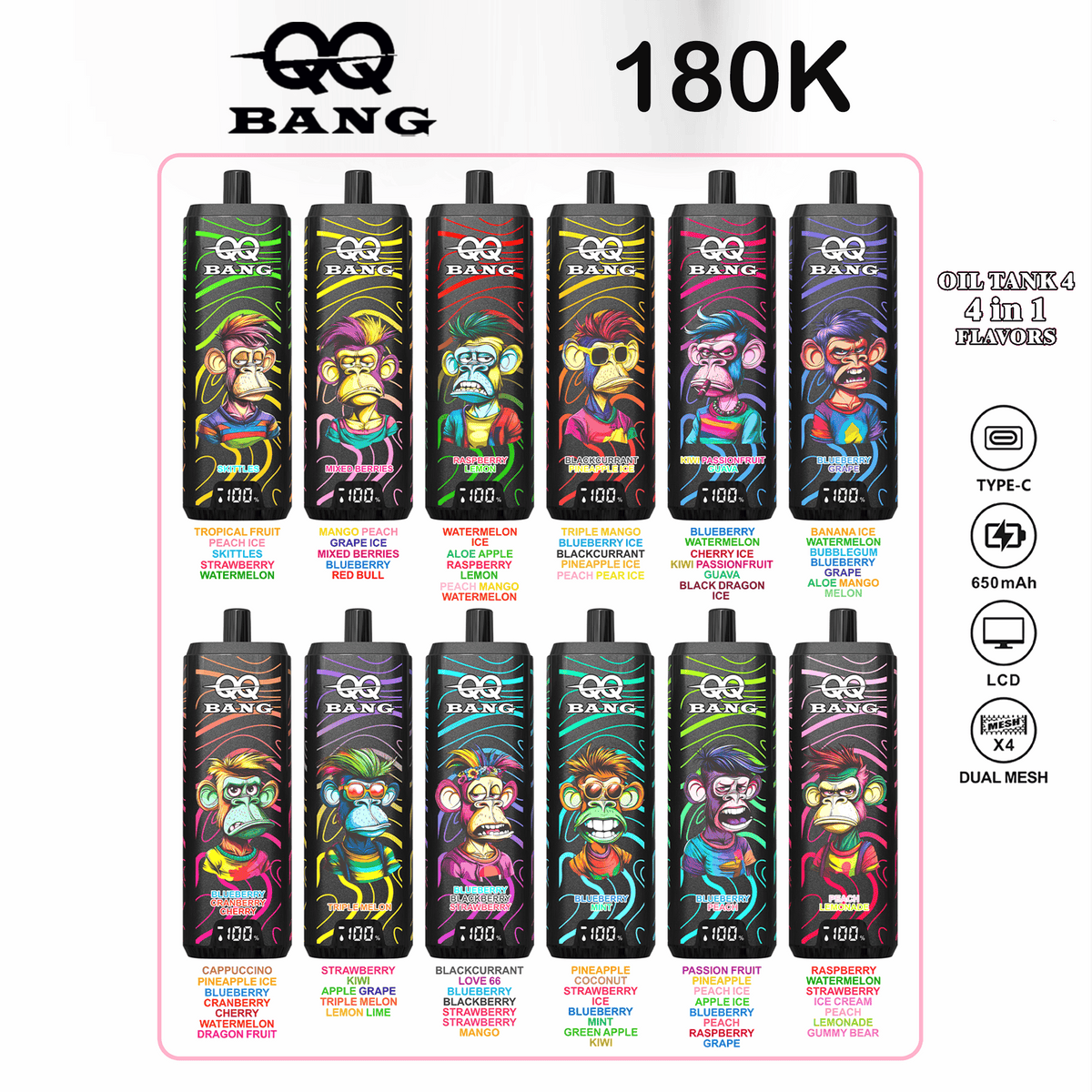 QQ Bang 180000 180K Puffs 4 In 1 Flavors LCD Display Rechargeable Disposable Vape