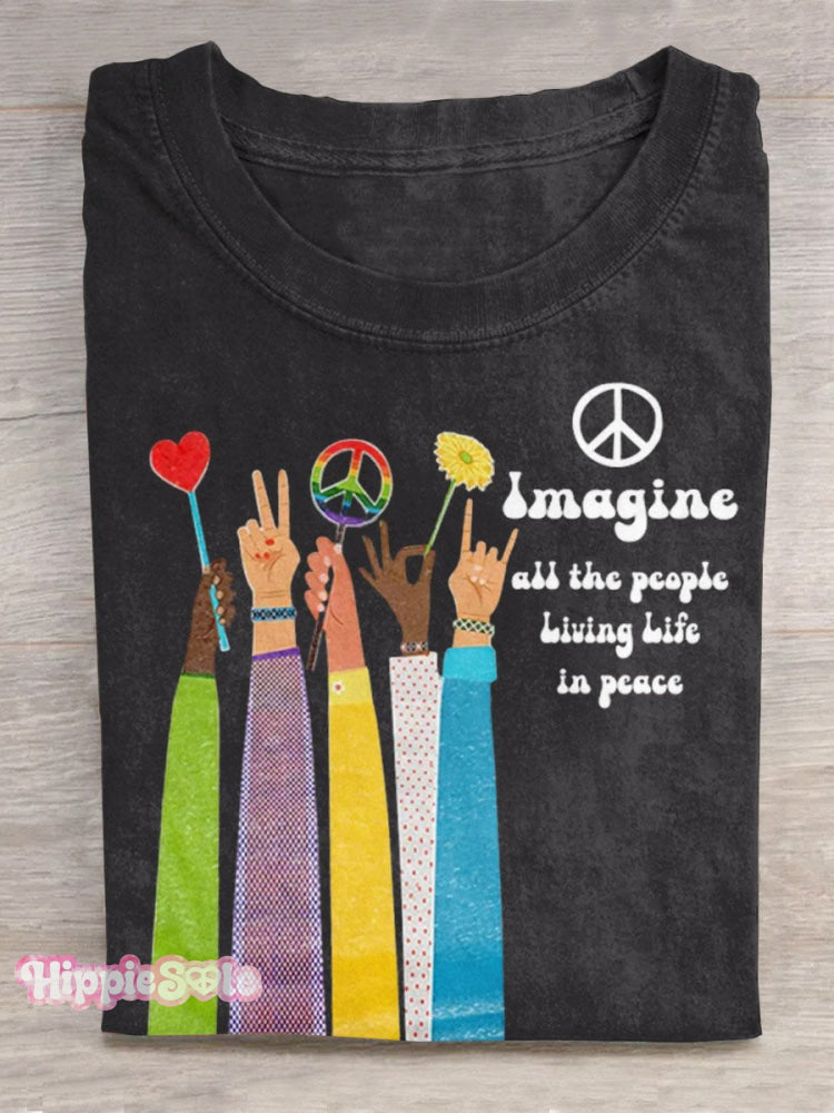 Imagine All The People Living Life in Peace Art Print Casual T-shirt