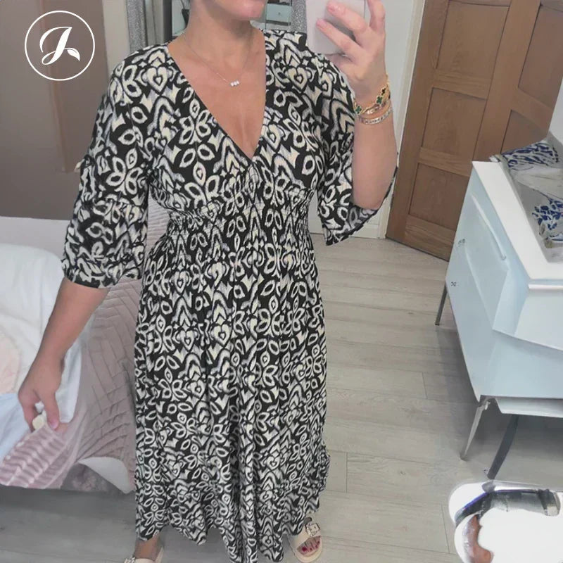💖LAST DAY SALE 50% OFF💖Bohemian casual print V-neck waist wrap long dress