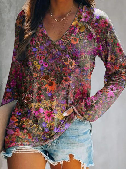 Women's Vintage Floral Art Print Casual V-neck Long Sleeve T-shirt