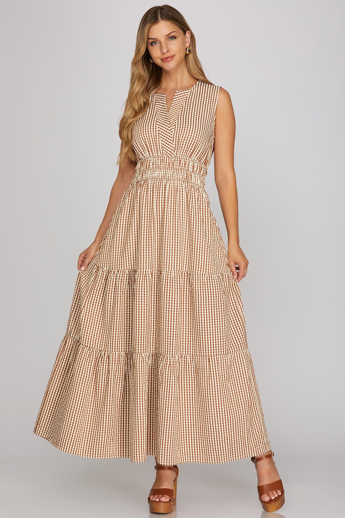 Mocha Gingham Checkered Maxi Dress