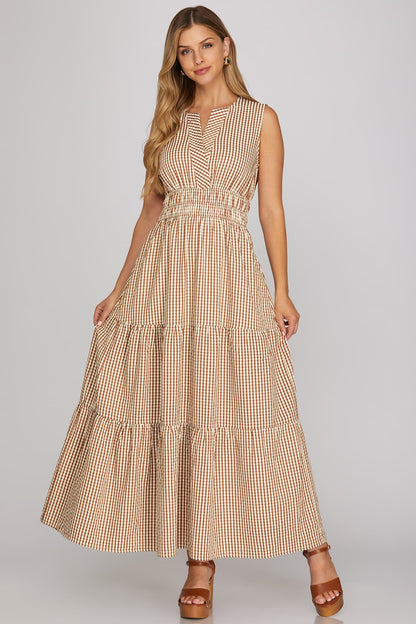 Mocha Gingham Checkered Maxi Dress