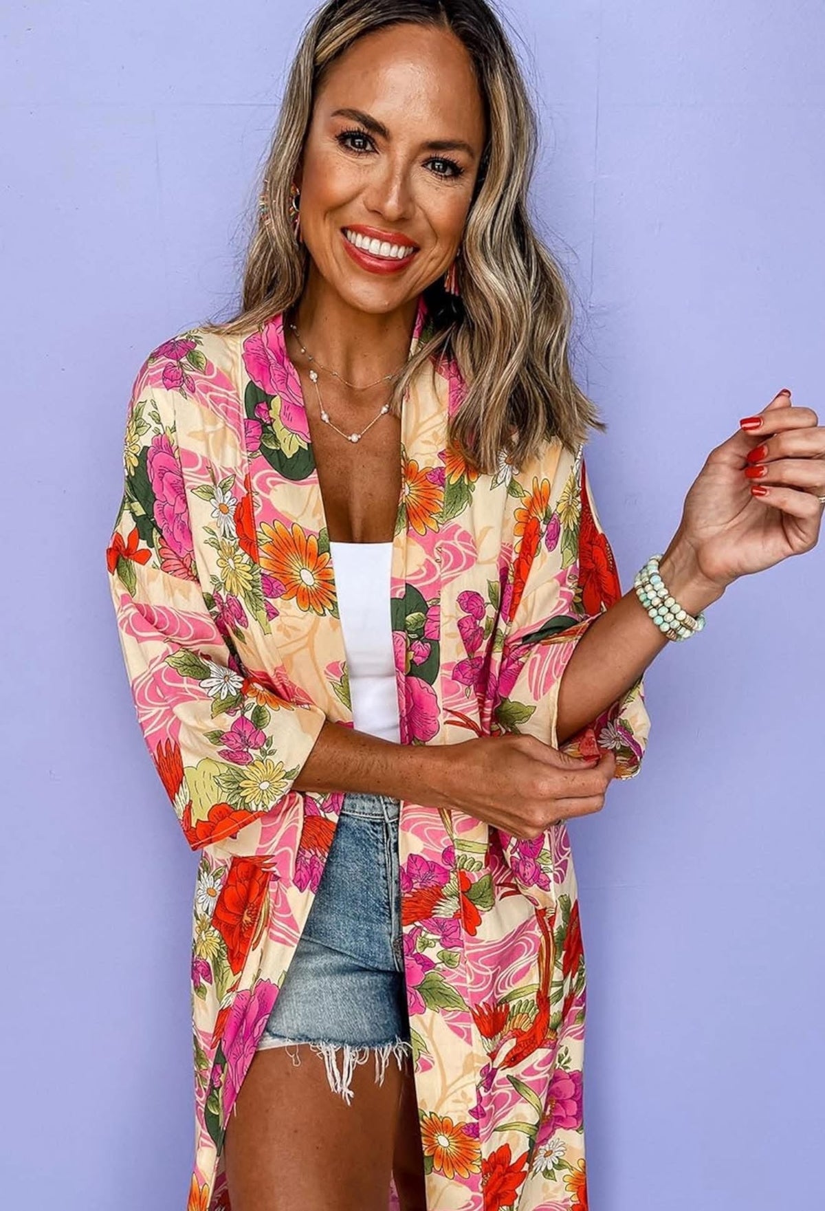 Pink Allover Floral Print Duster Cardigan