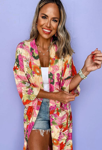 Pink Allover Floral Print Duster Cardigan