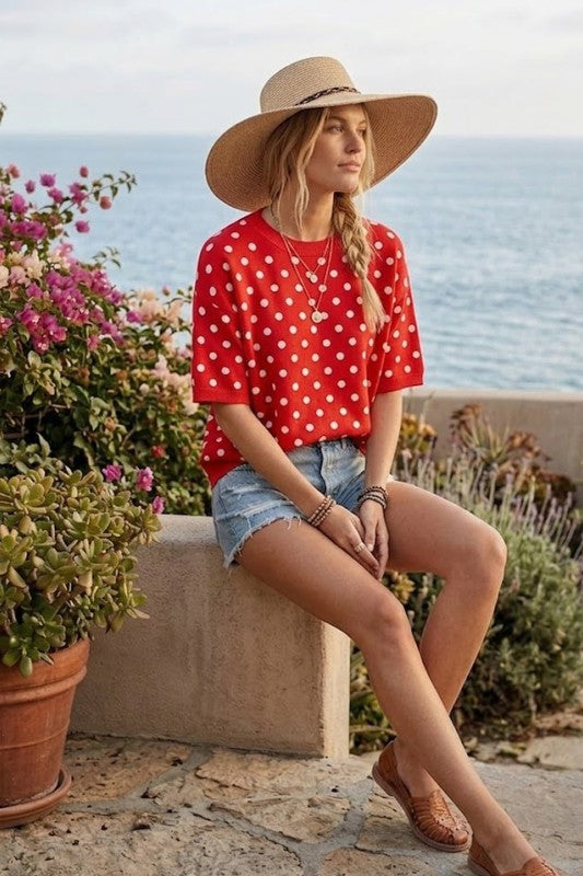 Polka Dot Short Sleeve Sweater Top Red