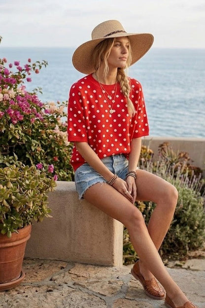 Polka Dot Short Sleeve Sweater Top Red