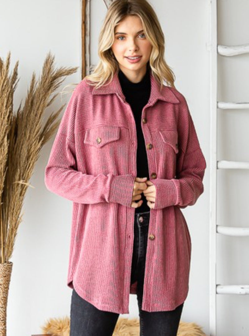 Textured Urban Ribbed Button Down Shacket Sangria