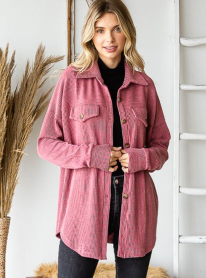 Textured Urban Ribbed Button Down Shacket Sangria