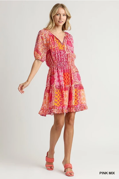 UMGEE Metallic Boho Multi Print Dress Pink Mix