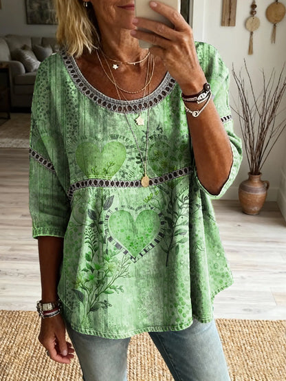 Women's Bohemian Floral Heart Art Print Casual Round Neck Hollow Out Top