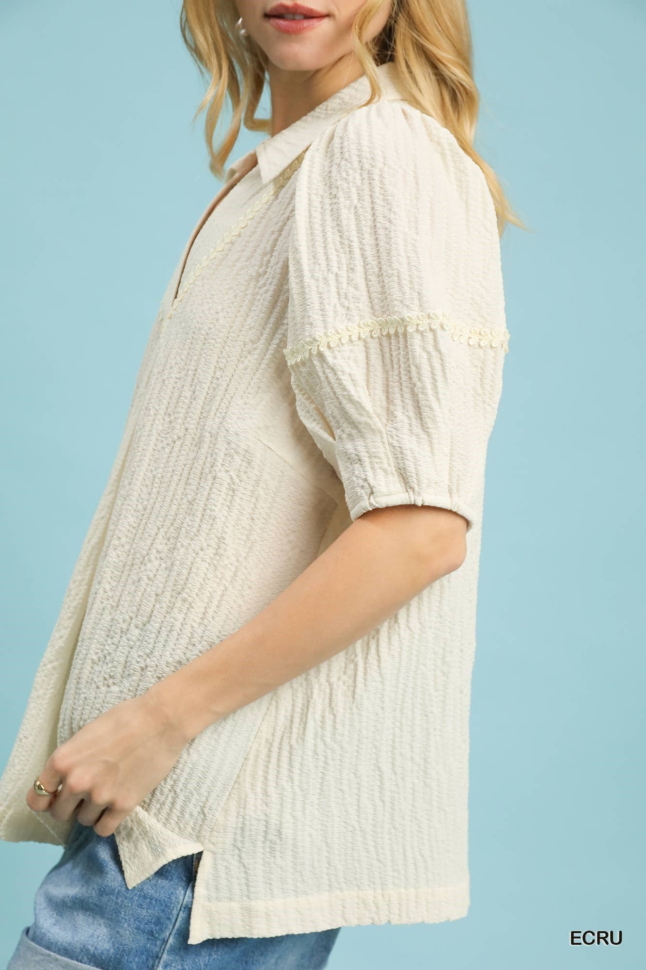 UMGEE Textured Lace Trim Top Ecru