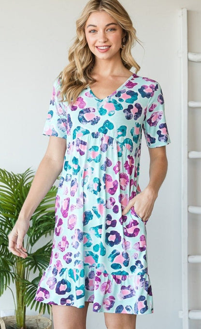 Mint Leopard Print Pocket Dress