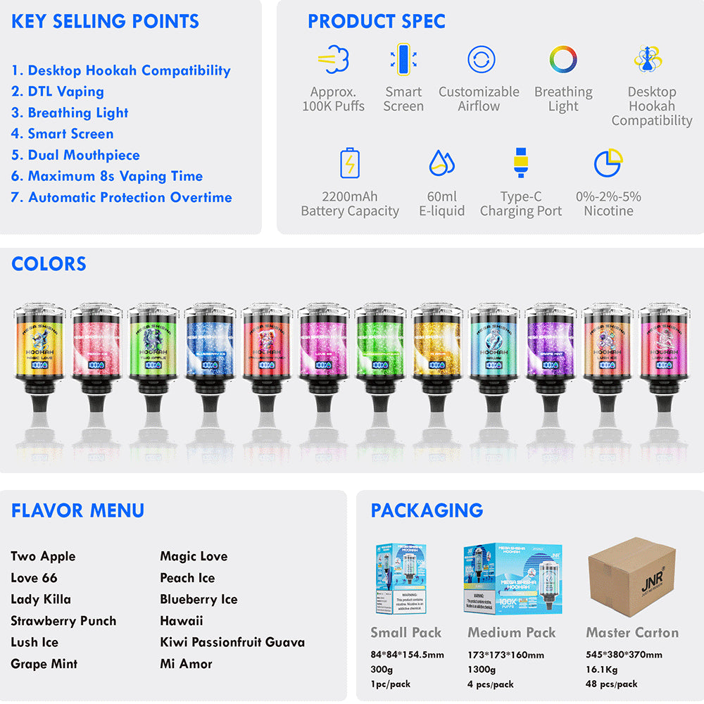 JNR Mega Shisha Hookah 100000 100K Puffs Large Capacity LED Display Disposable Vape